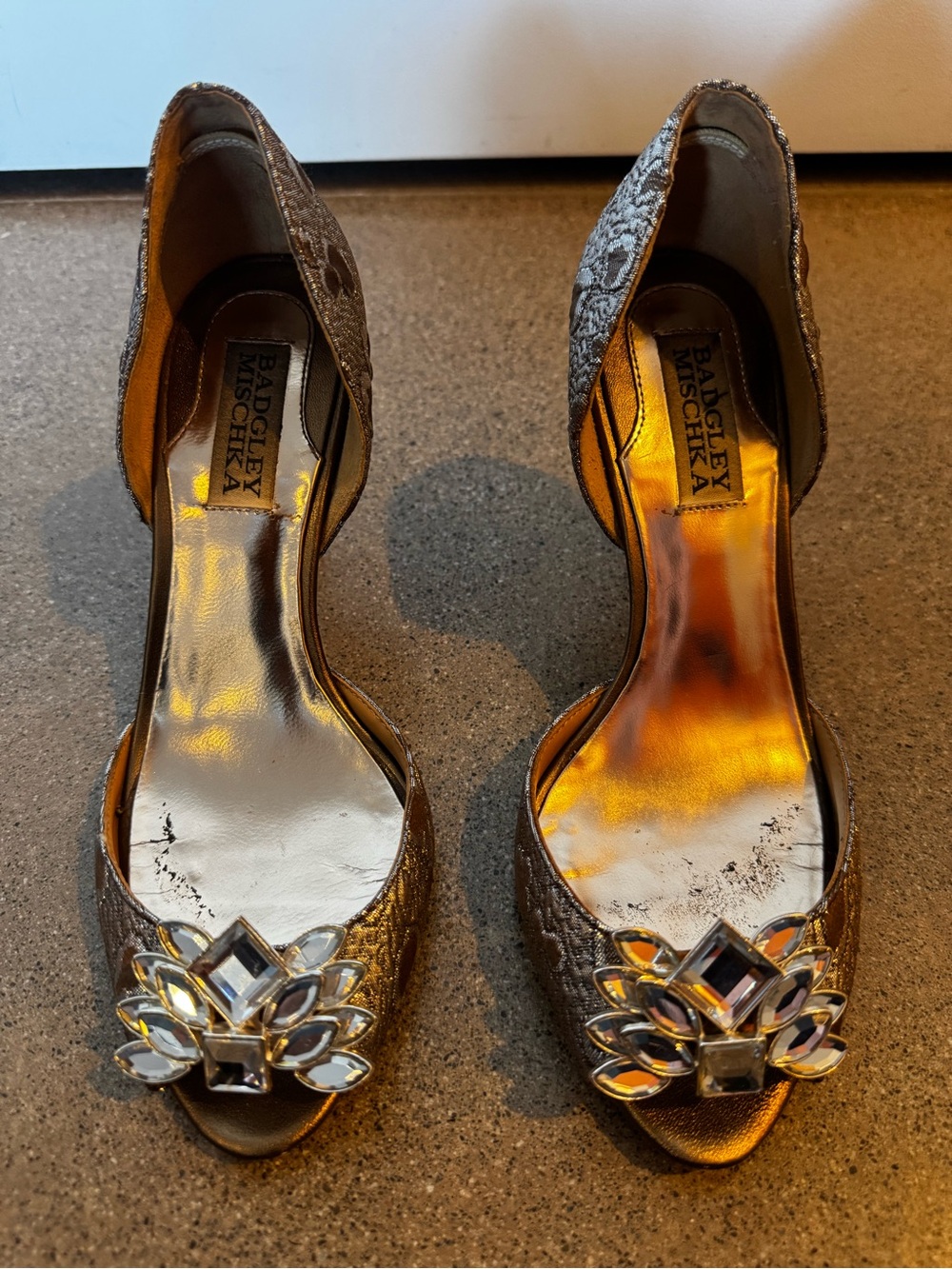 Badgley Mischka Bronze Metallic Crystal-Embellished D'Orsay Heels